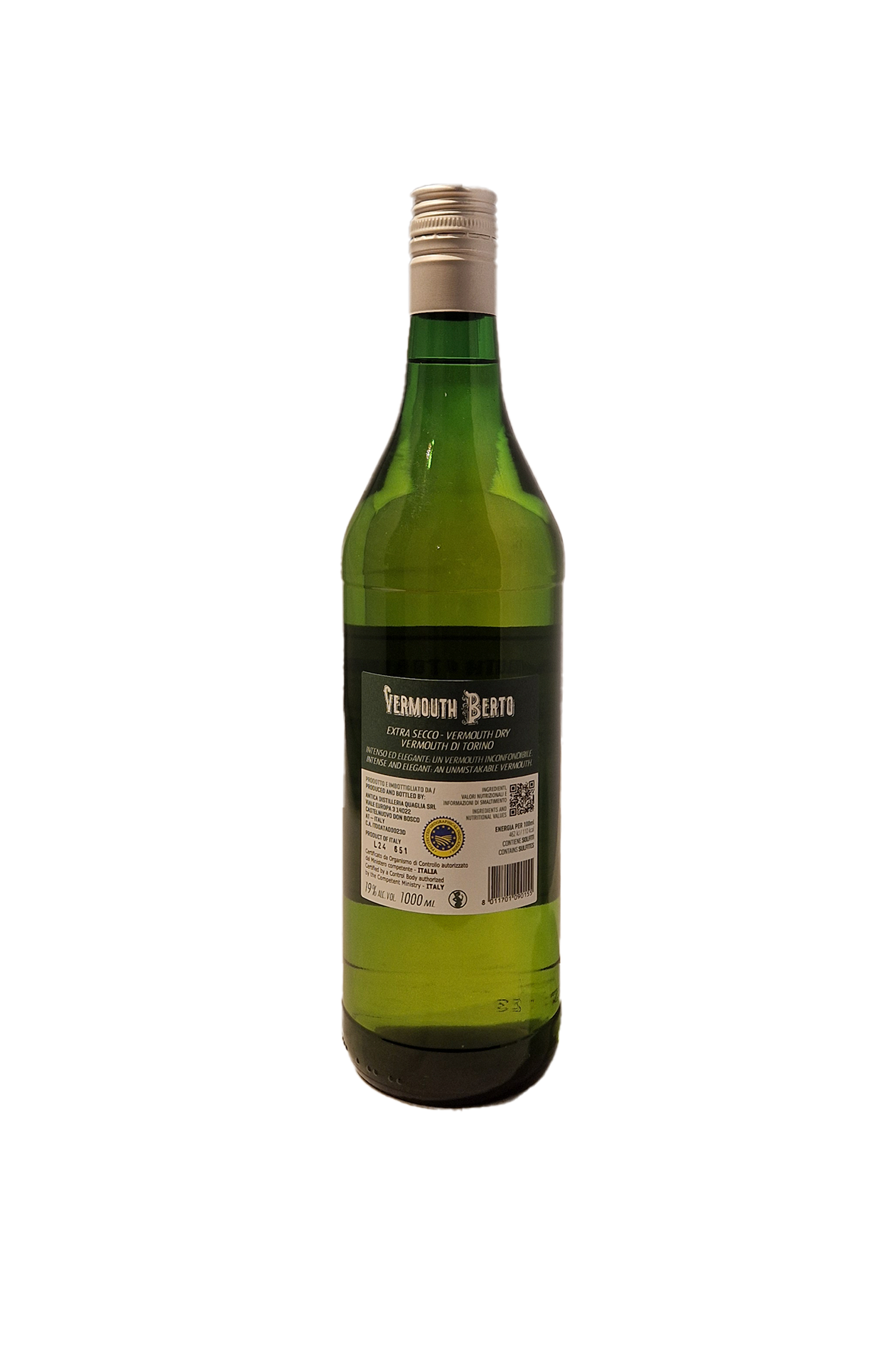 Berto Extra Secco Vermouth bagside med etiketdetaljer.