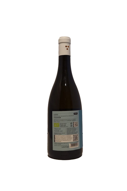 Bagside af Cantina Gaffino Fojetta IGP Viognier 2024 vinflaske med etiket.