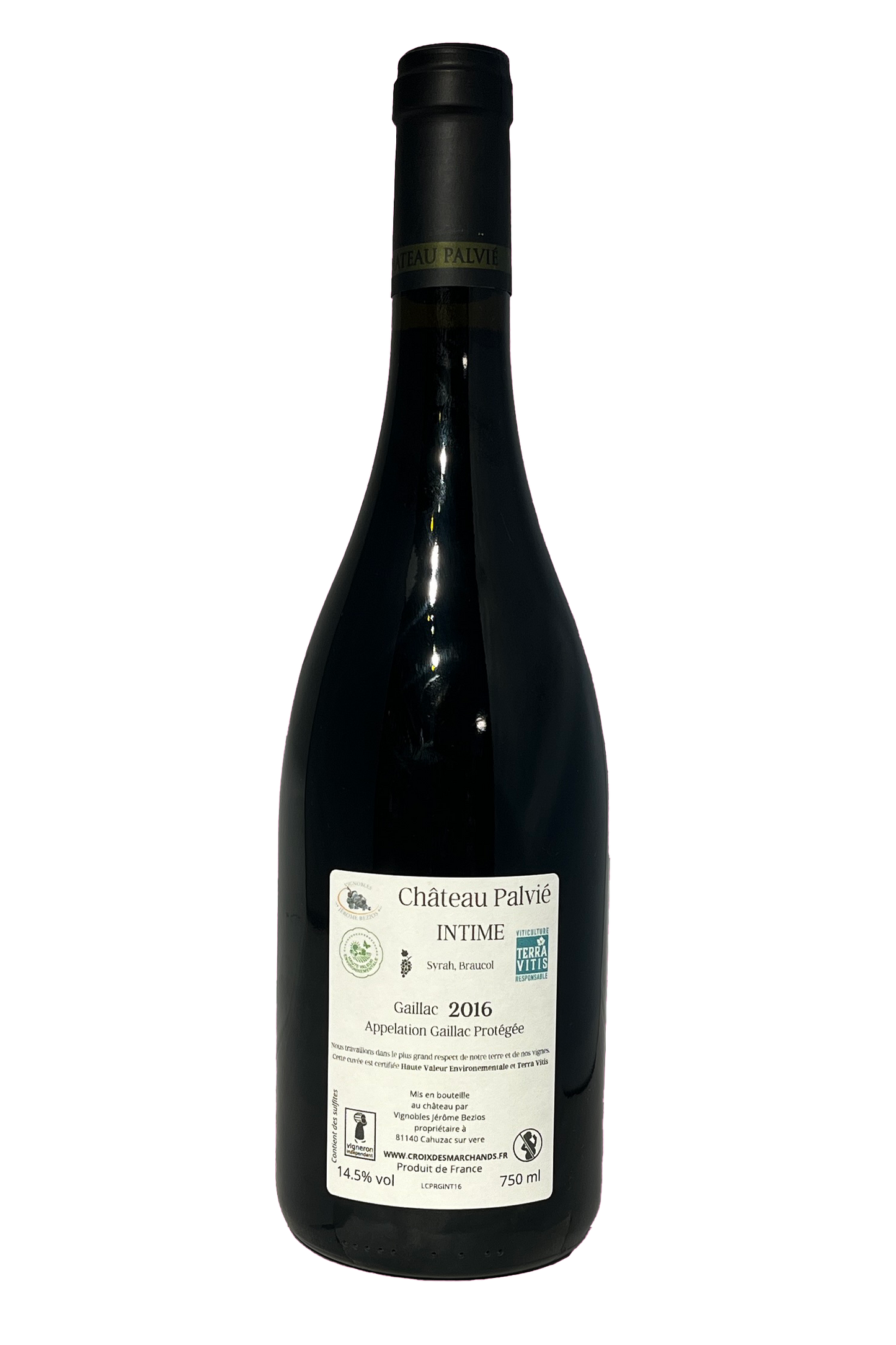 Bagside af Chateau Palvié Gaillac Rouge AOP Intime 2018 vinflaske.