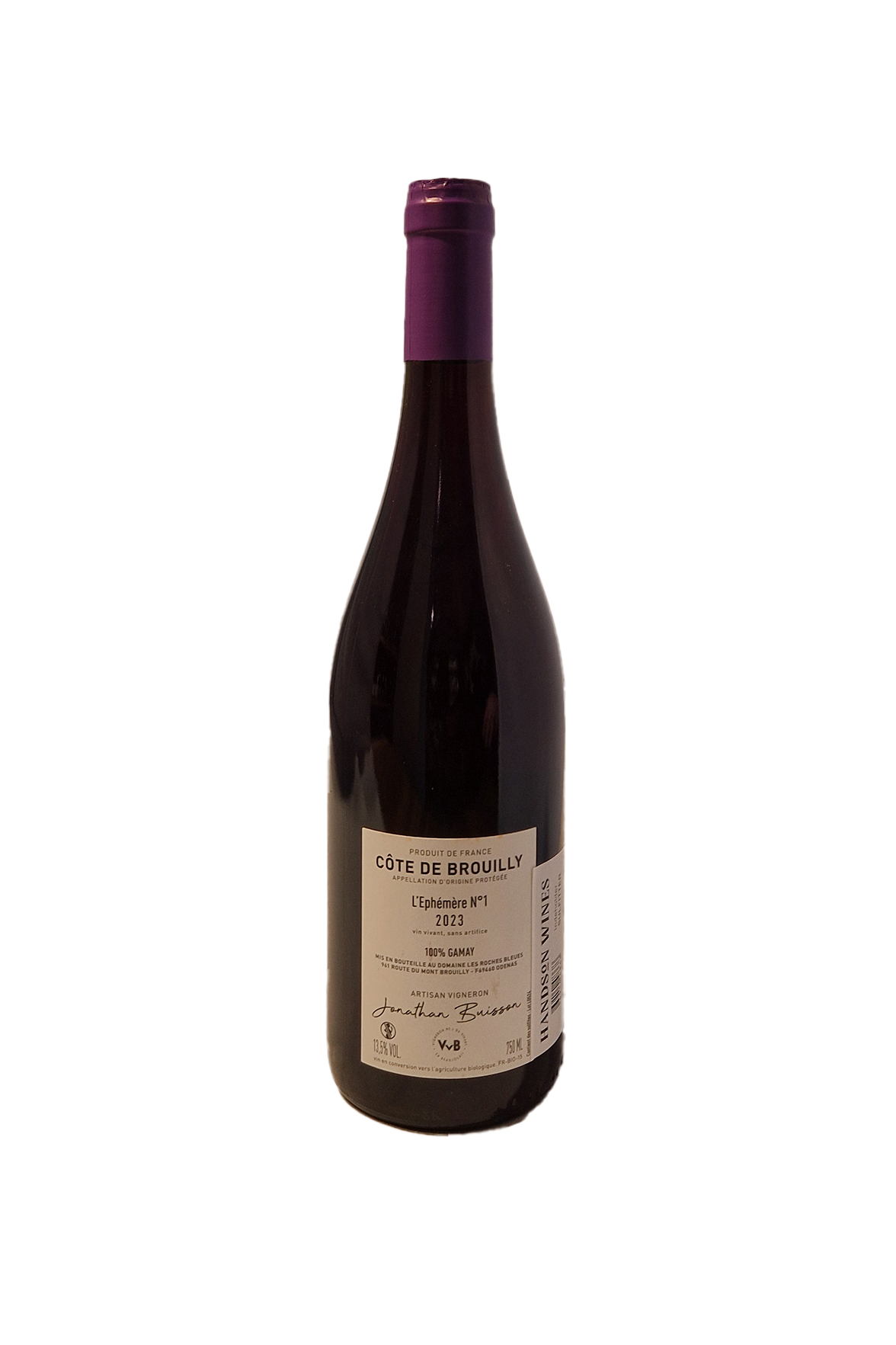 Domaine les Roches Bleues L'Ephemère #1 2023 Cote de Brouilly vin bagside