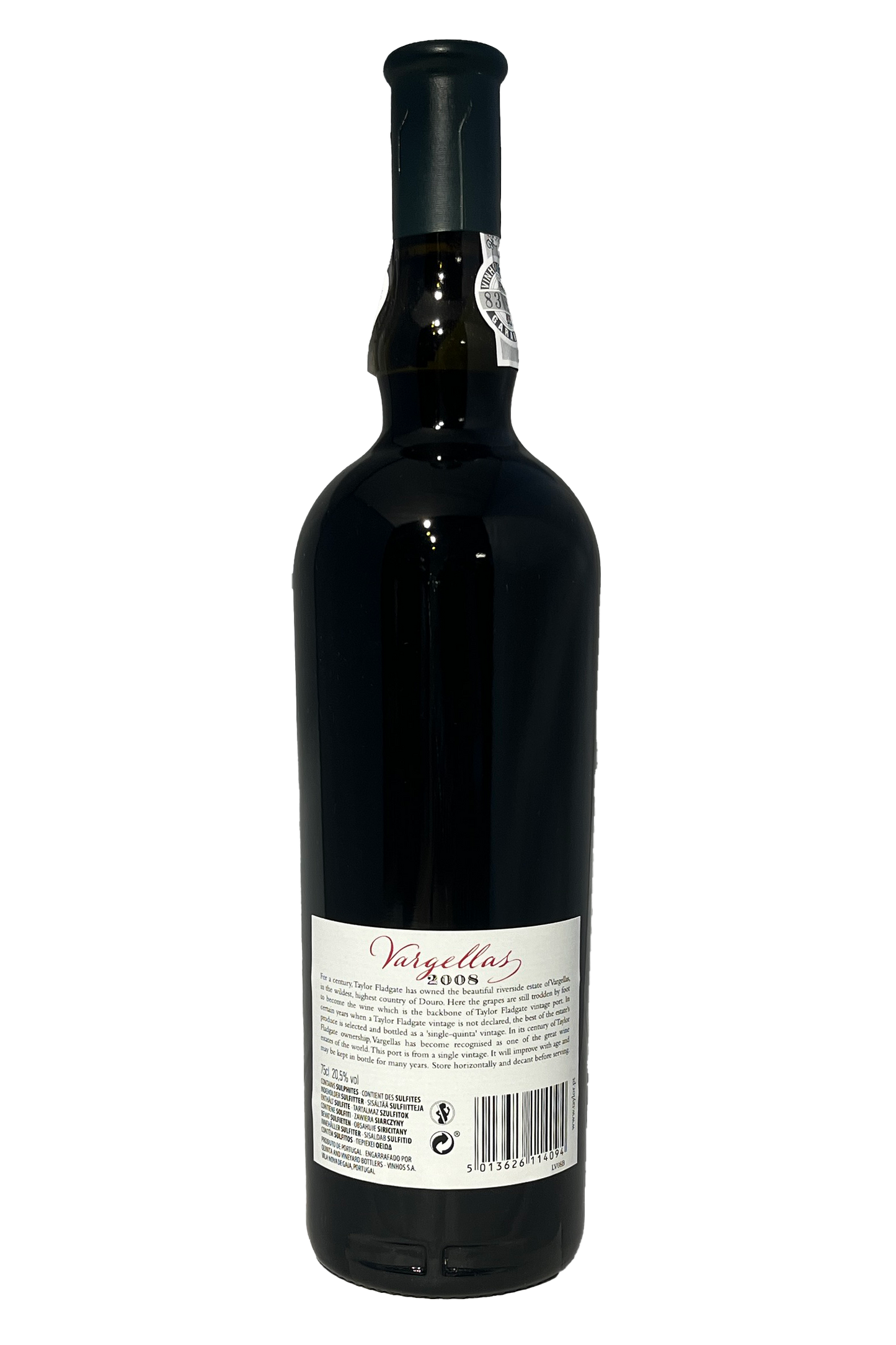 Taylors Vargellas Vintage Port 2008 flaskens bagside med etiket