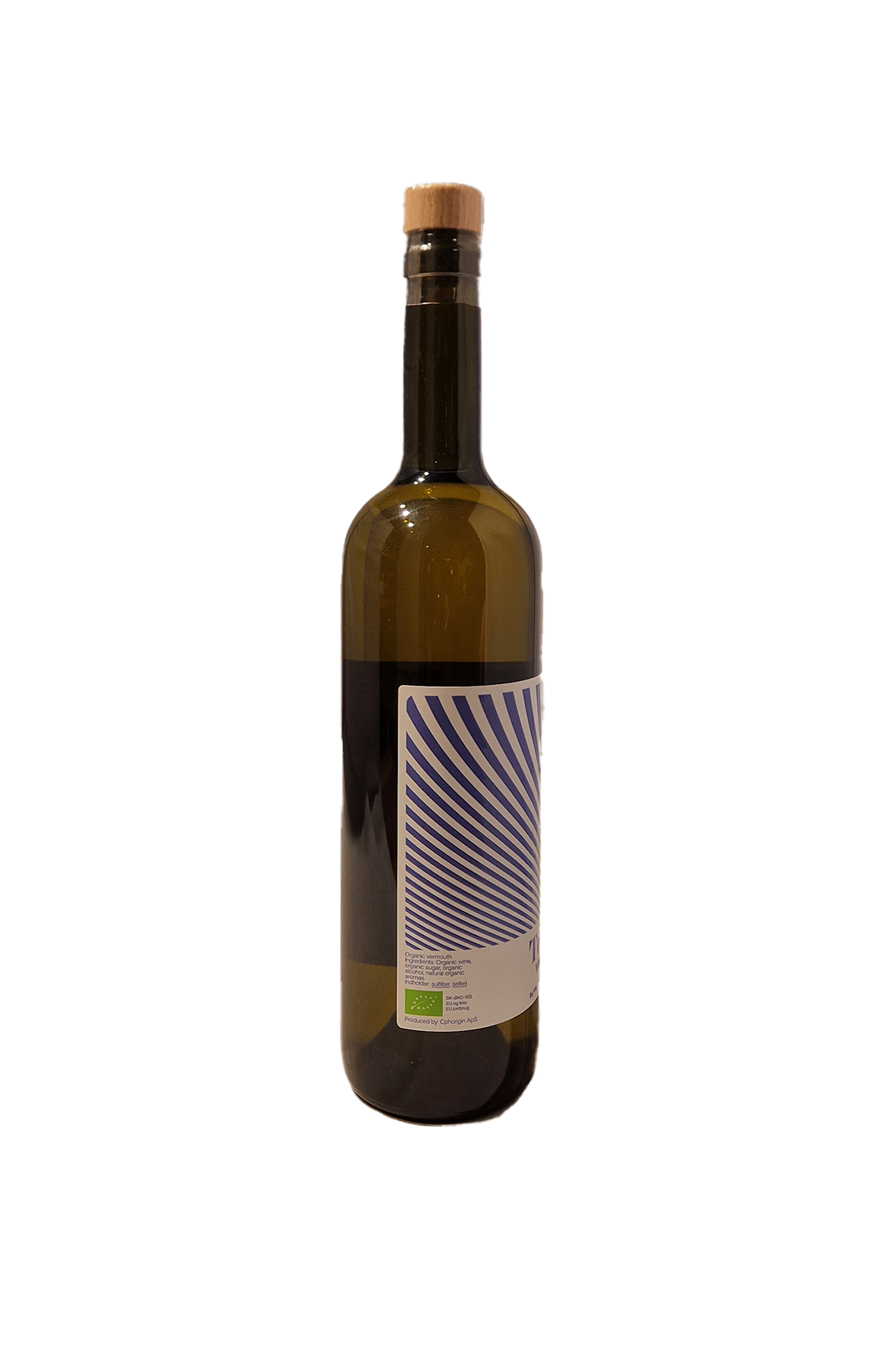 Terrazzo White Vermouth flaske bagside, økologisk med solstråle-design etiket