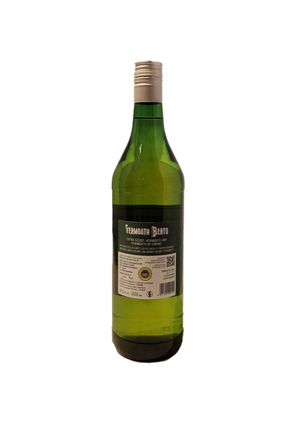 Berto Extra Secco Vermouth bagside med etiketdetaljer.