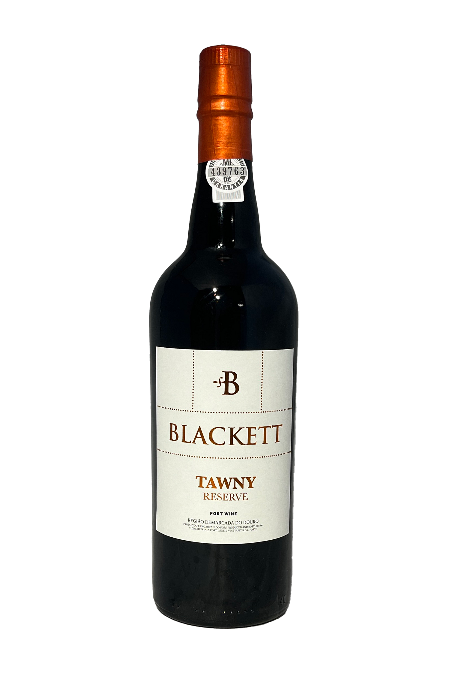 Blackett Tawny Reserve portvin flaske med etiket, sort baggrund.