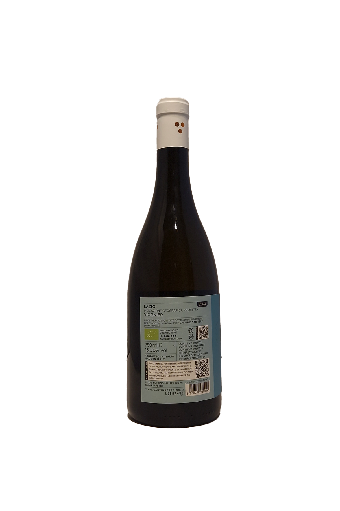 Bagside af Cantina Gaffino Fojetta IGP Viognier 2024 vinflaske med etiket.