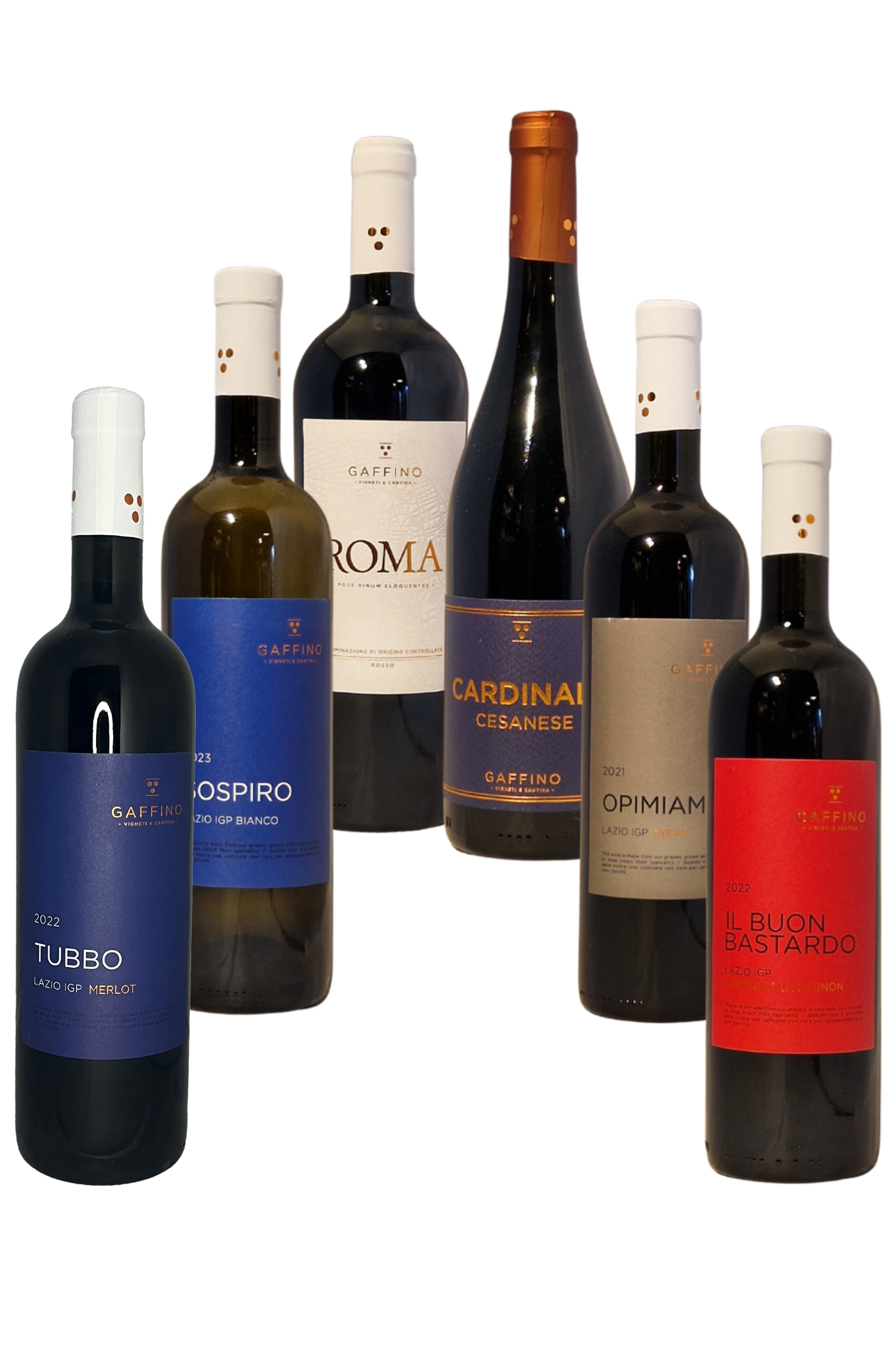 Seks flasker italiensk Cantina Gaffino vin fra Lazio sortiment.