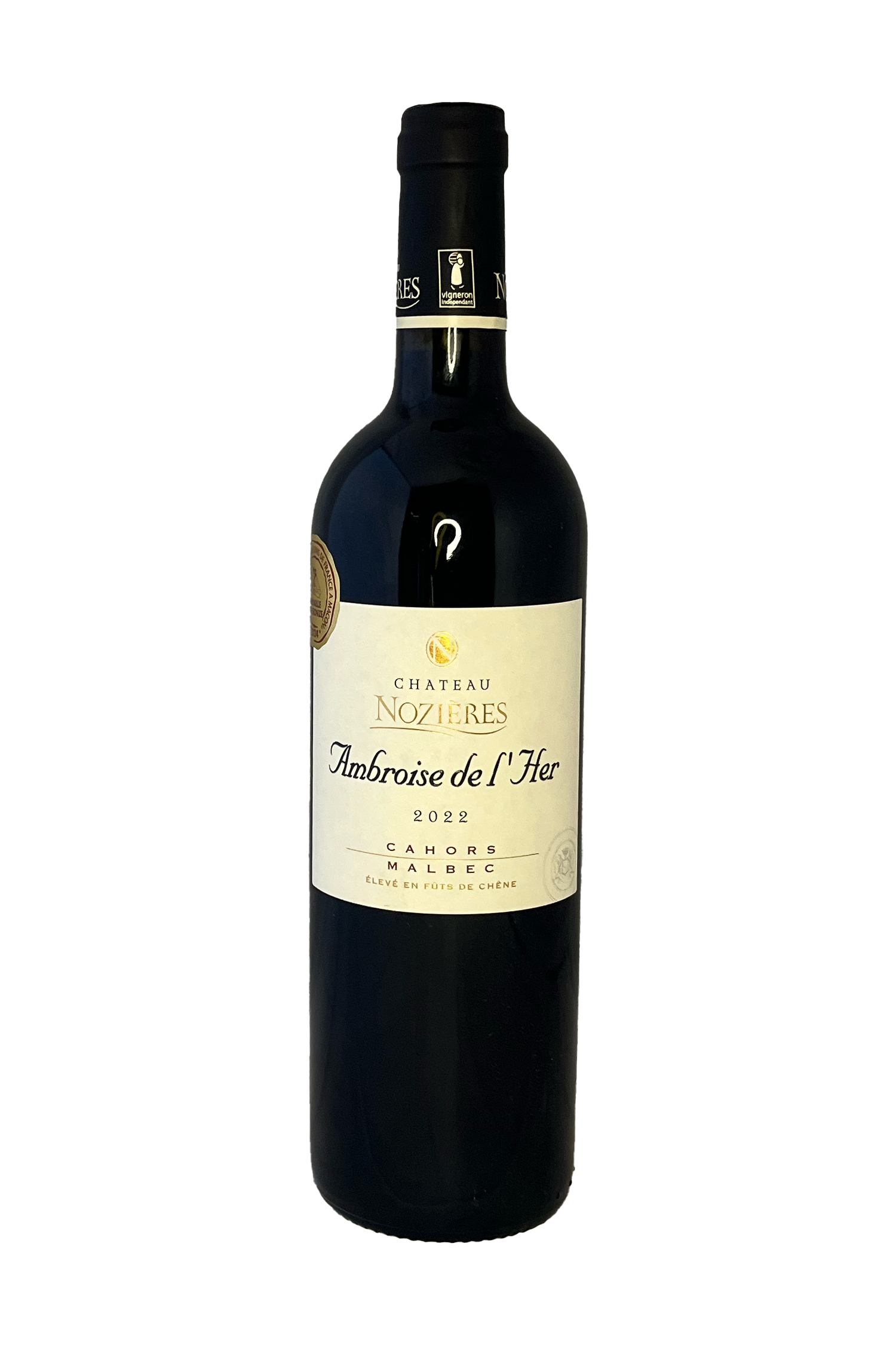 Chateau Noziéres Ambroise de L'Her Malbec Cahors AOP 2022 vinflaske front.