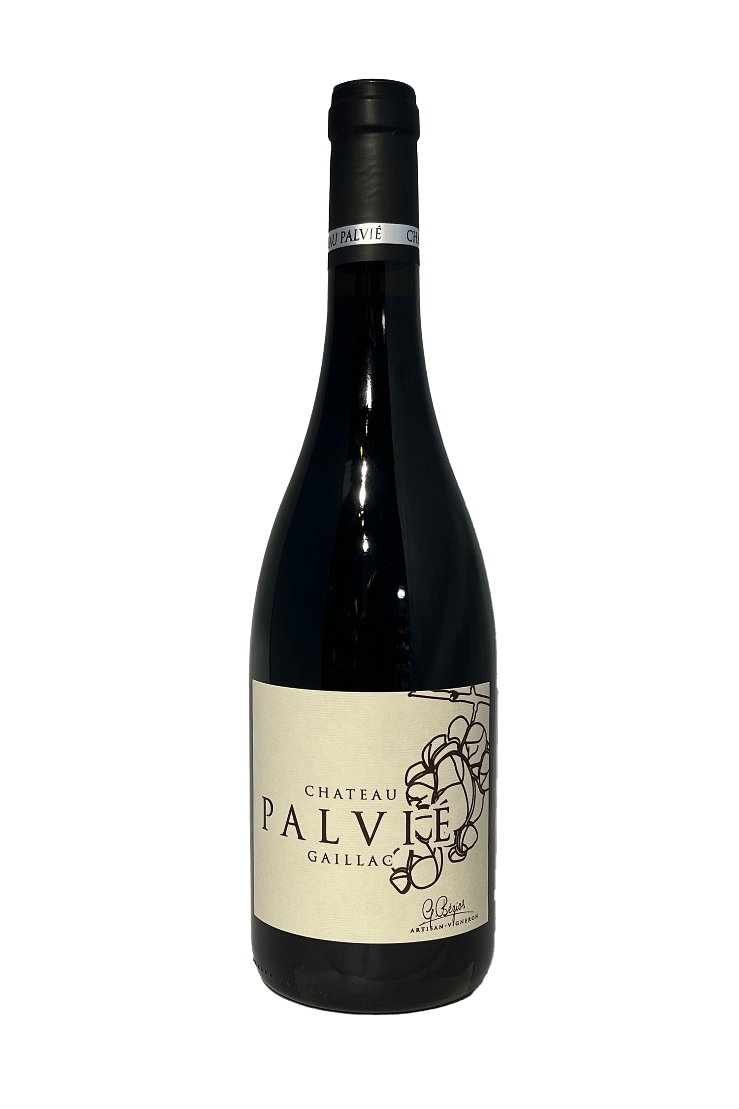 Chateau Palvié Gaillac Rouge AOC 2022 rødvin med etiket og druedesign.