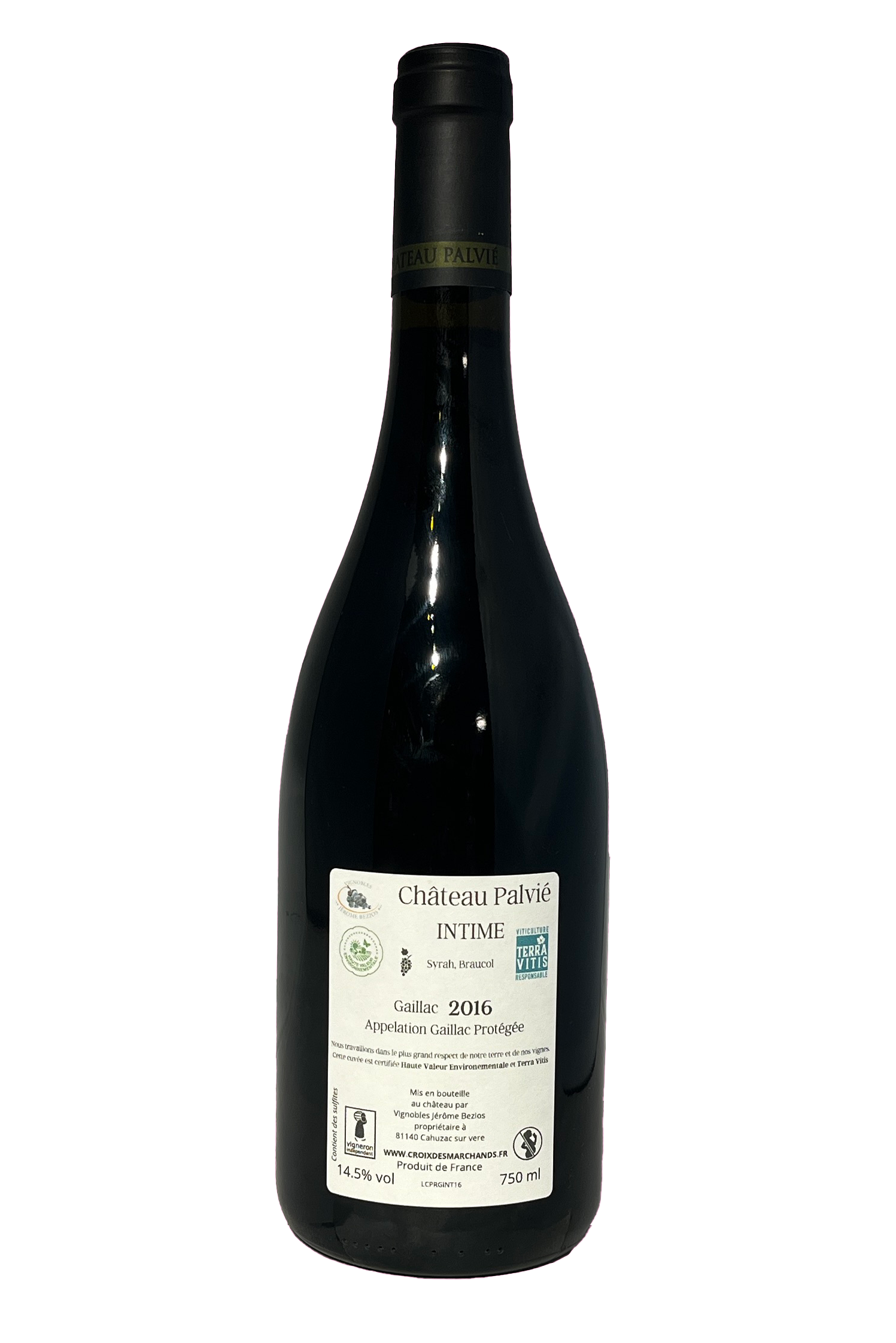 Bagside af Chateau Palvié Gaillac Rouge AOP Intime 2018 vinflaske.