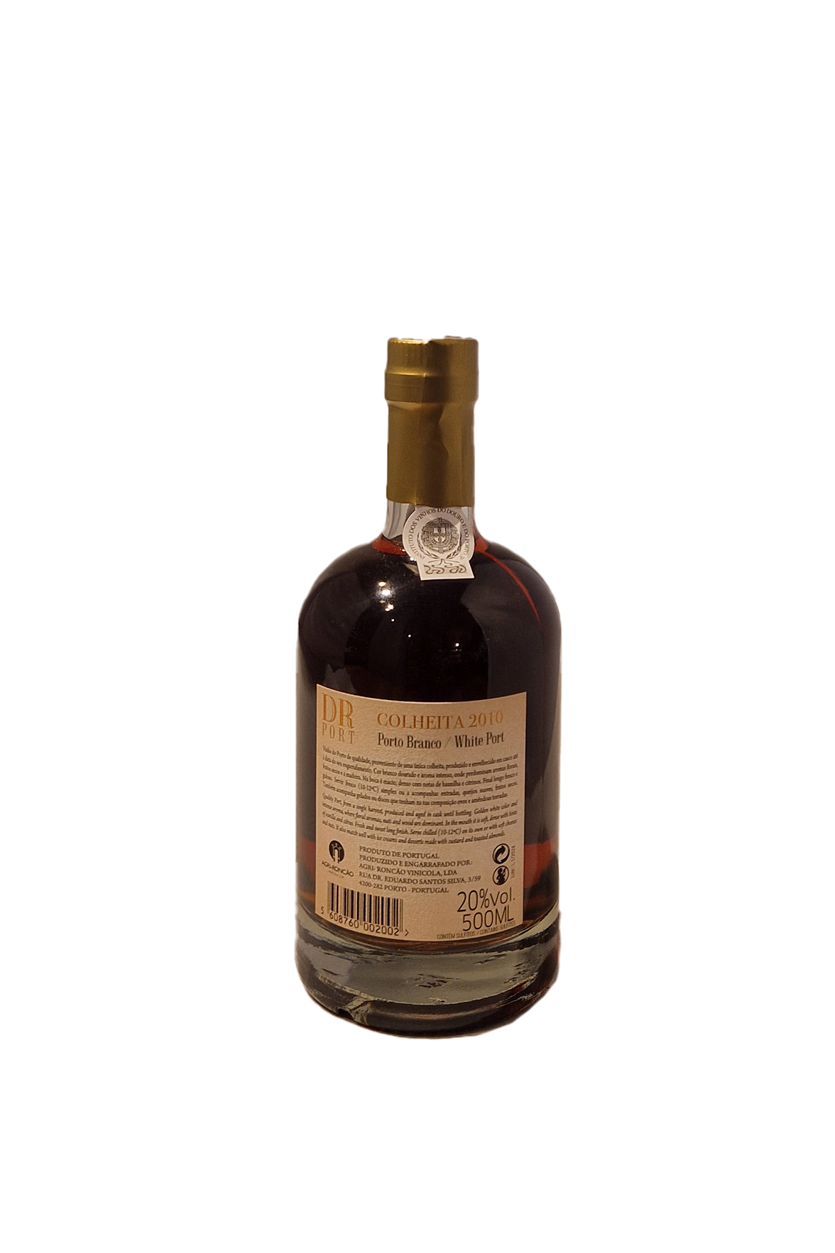 DR White Colheita 2010 portvin flaske bagside med etiket og stregkode