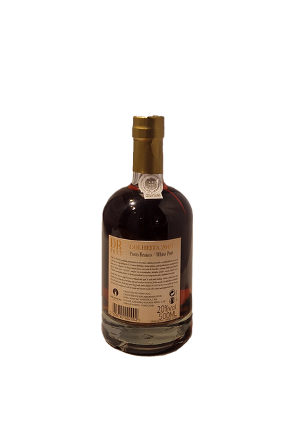 DR White Colheita 2010 portvin flaske bagside med etiket og stregkode