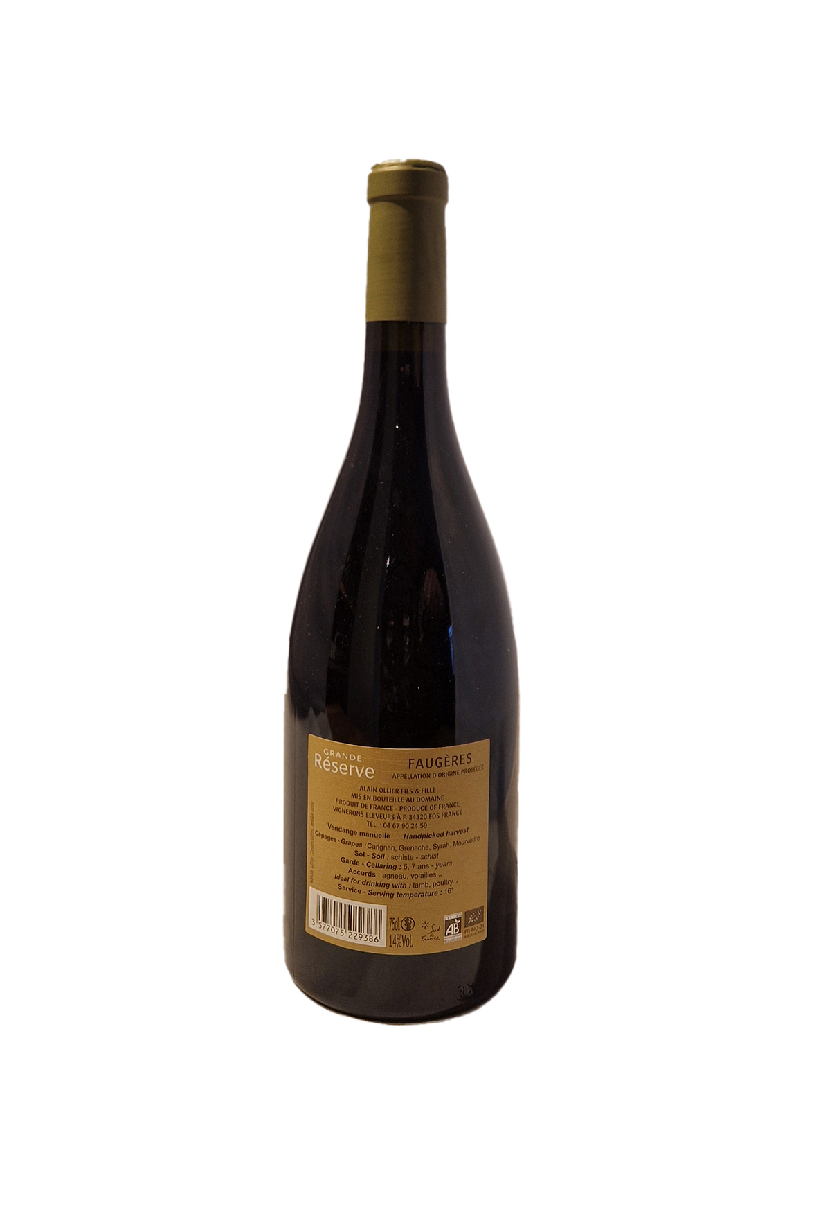 Bagsiden af Domaine Ollier Taillefer Grande Reserve Faugeres AOP 2020 Øko vinflaske.