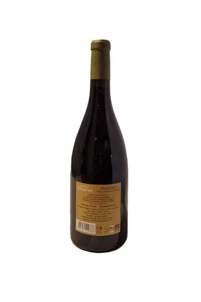 Bagsiden af Domaine Ollier Taillefer Grande Reserve Faugeres AOP 2020 Øko vinflaske.