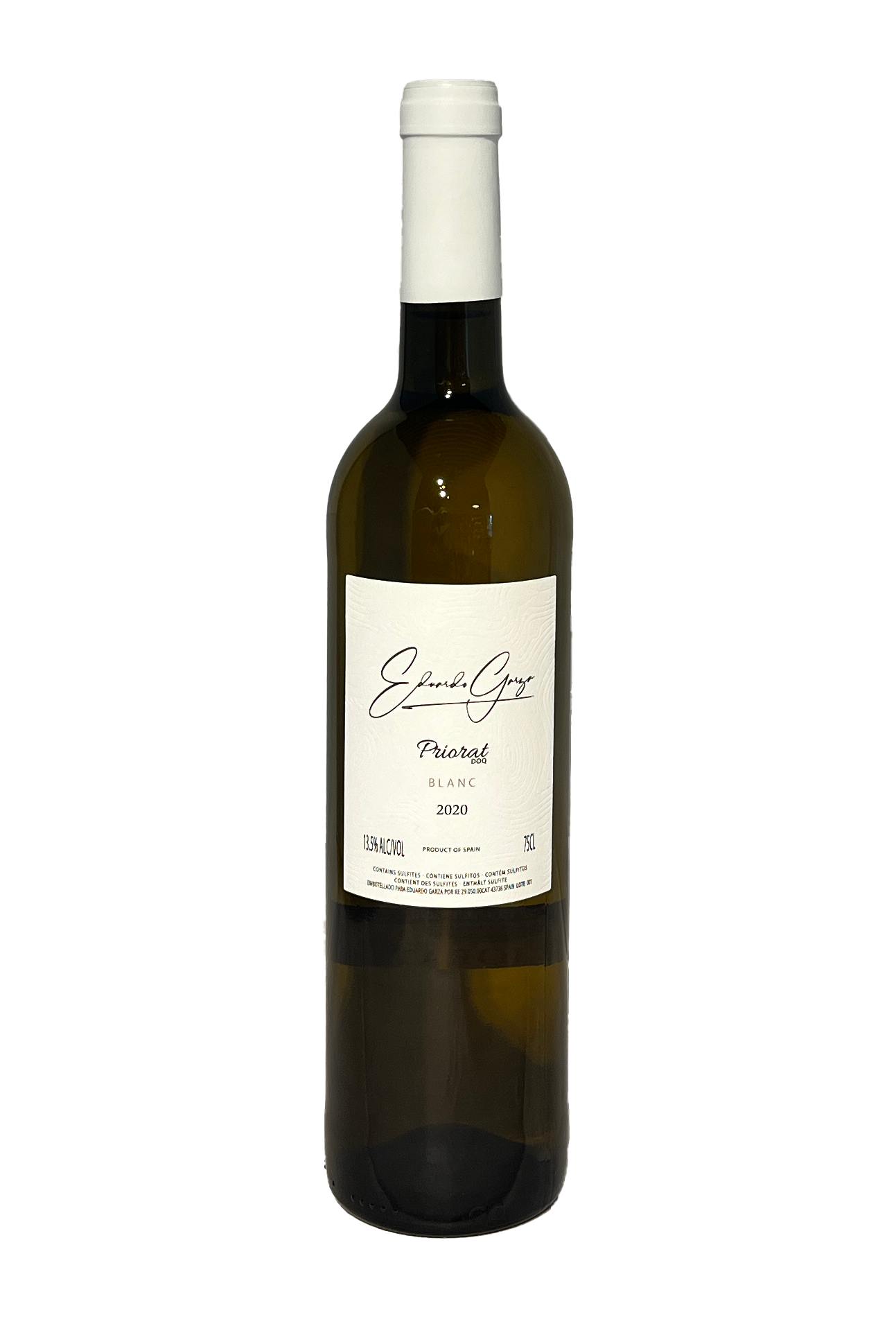 Eduardo Garza Blanc Priorat 2020 hvidvinsflaske med etiket, Danmarks produktbillede