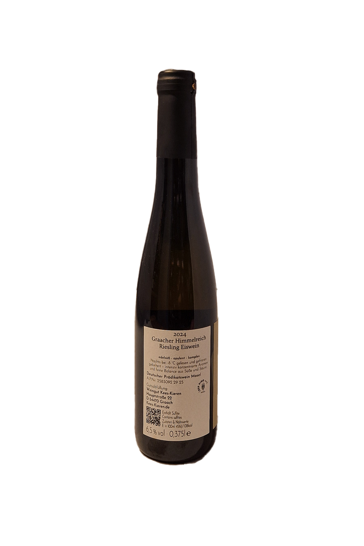 Kees-Kieren Graacher Himmelreich Riesling Eiswein 2024 flaske, bagetiket med information