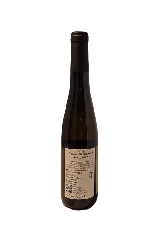 Kees-Kieren Graacher Himmelreich Riesling Eiswein 2024 flaske, bagetiket med information