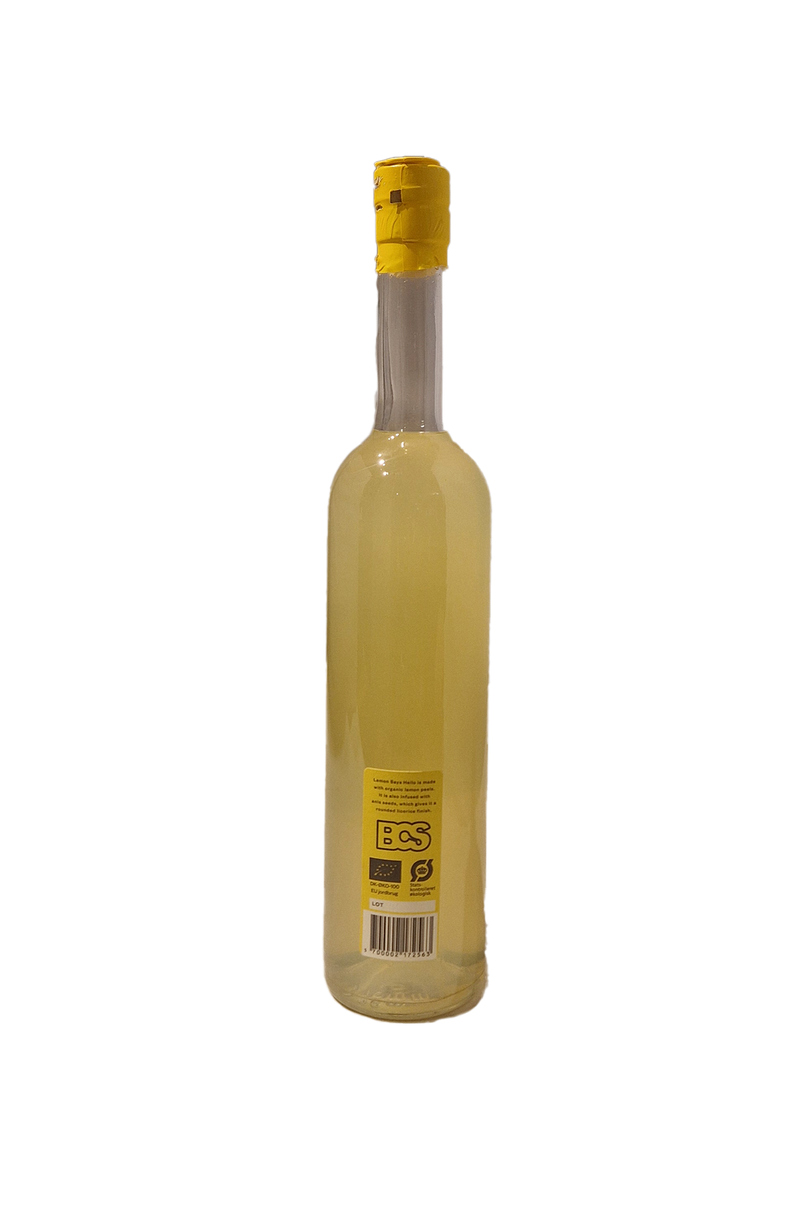 Lemon Says Hello Limoncello flaske bagside med etiket og stregkode.