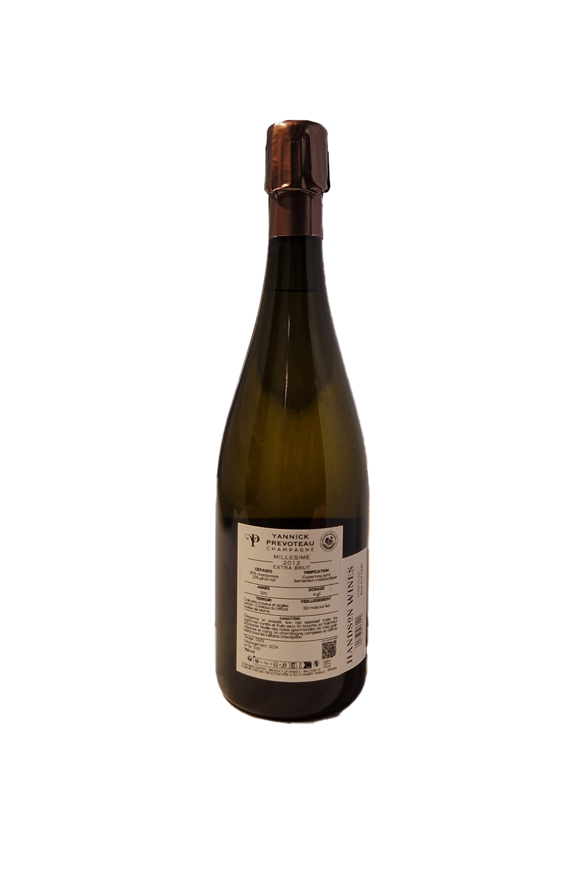 Yannick Prevoteau Millesime Vintage 2012 Champagne flaske bagside med etiket