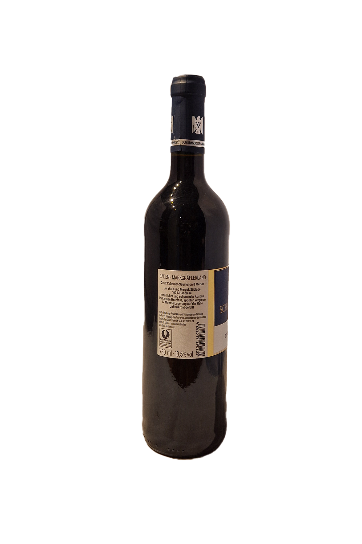 Schlumberger-Bernhart Cabernet-Sauvignon & Merlot 2022 vinflaske med bagsideetiket.