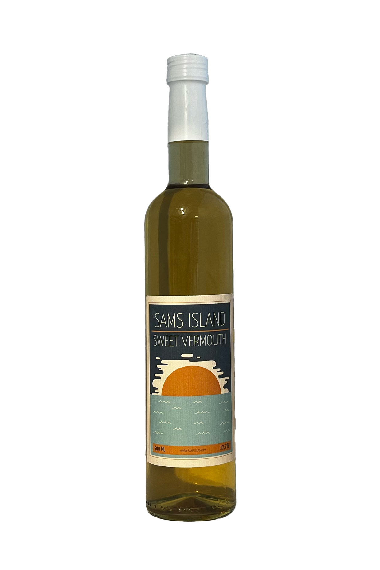 Sams Island sweet Vermouth flaske med solnedgangsetiket og hvid kapsel.
