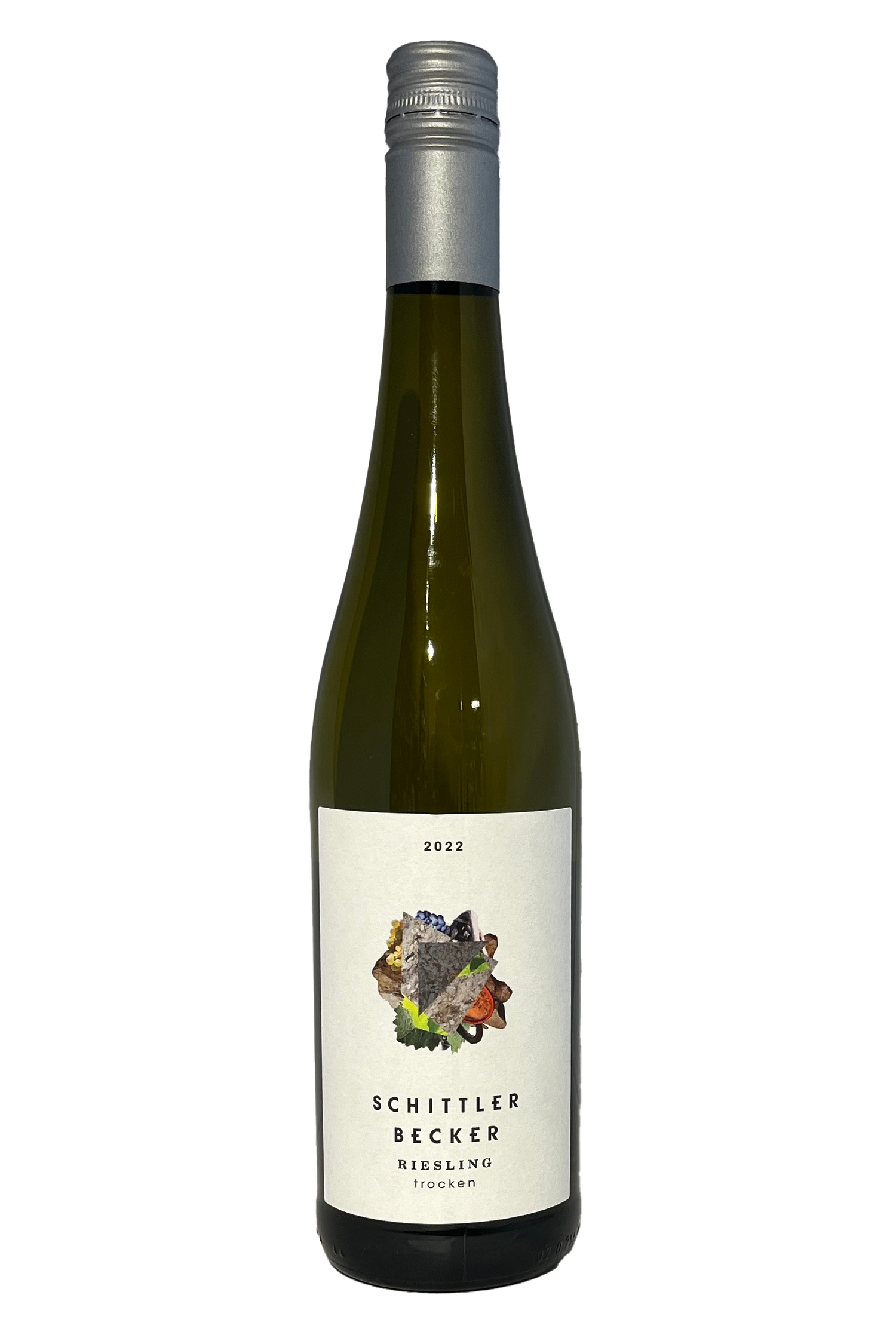 Weingut Schittler Becker Riesling Trocken 2022 vinflaske med et unikt etiketdesign