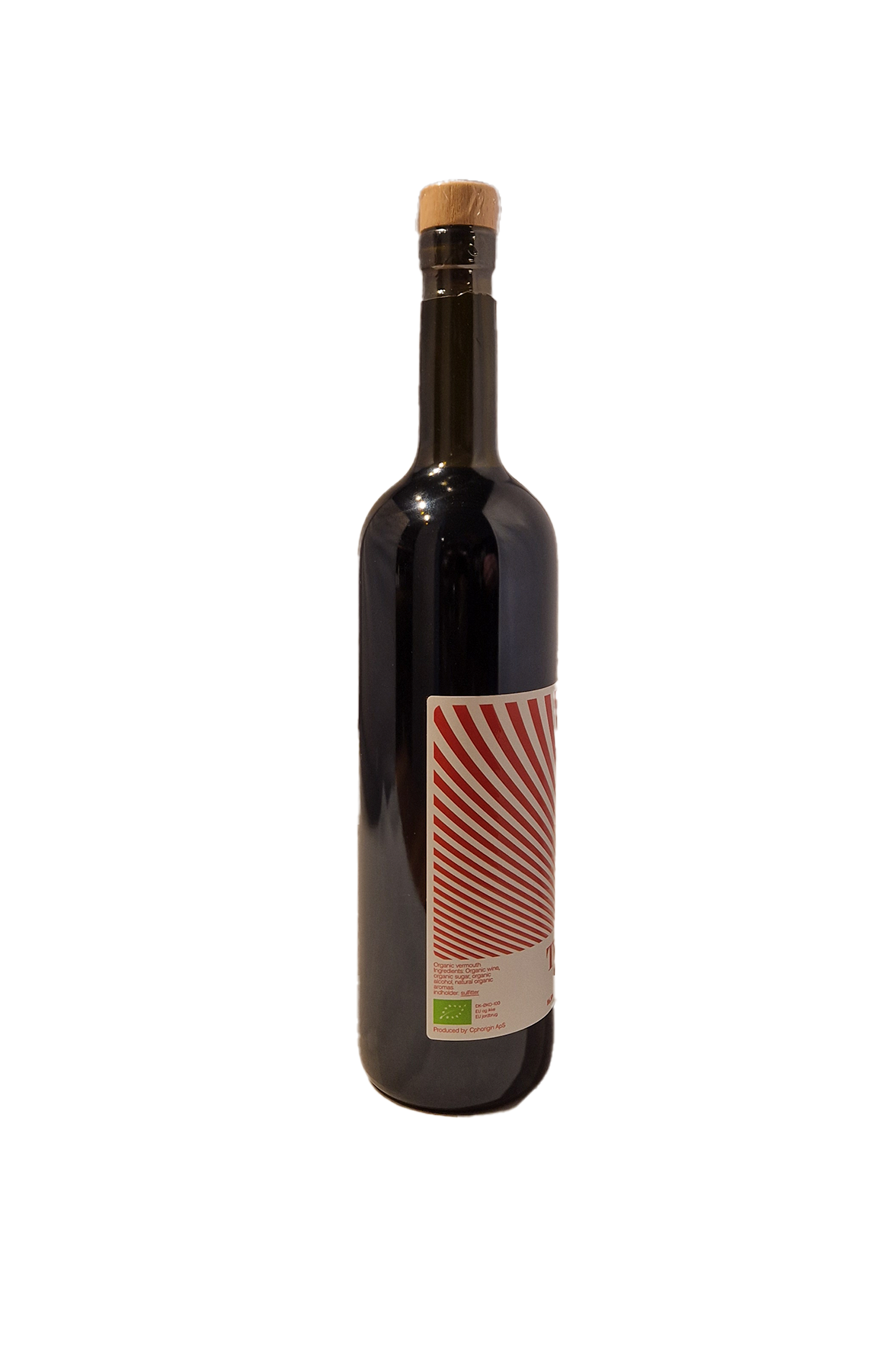 Terrazzo Red Vermouth flaske bagside med rød etiket og økologimærke.
