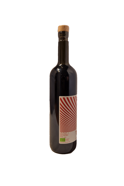Terrazzo Red Vermouth flaske bagside med rød etiket og økologimærke.