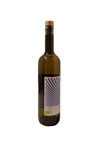 Terrazzo White Vermouth flaske bagside, økologisk med solstråle-design etiket